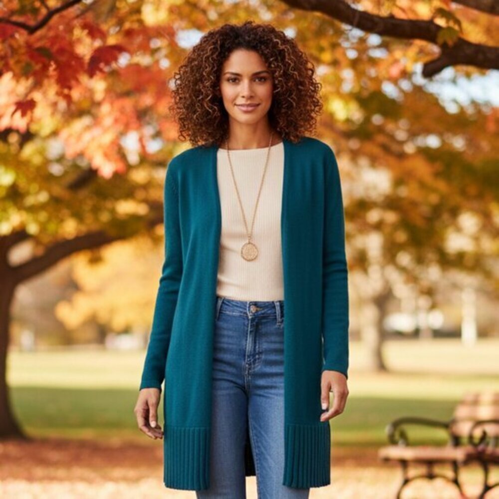 Chico’s Women's Blue Open Front Pleated Teal Cardigan L